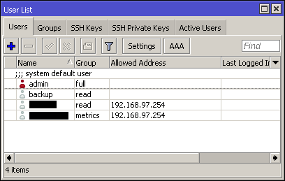 User list. The 3rd and 4th users are allowed to access only from 192.168.97.254